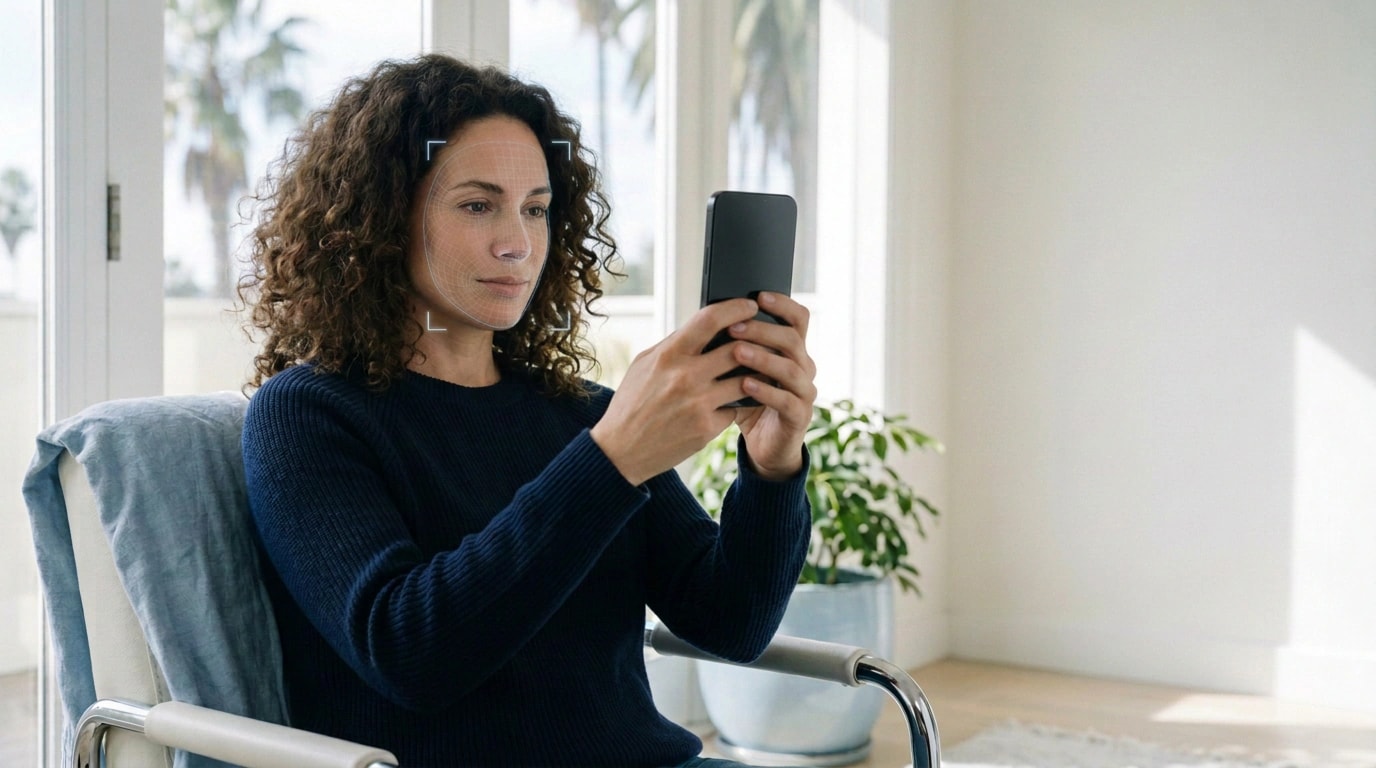 A woman with curly dark hair sits in a bright room and holds up her phone while a face-scan outline appears over her face, taking the lie detection test on her own phone